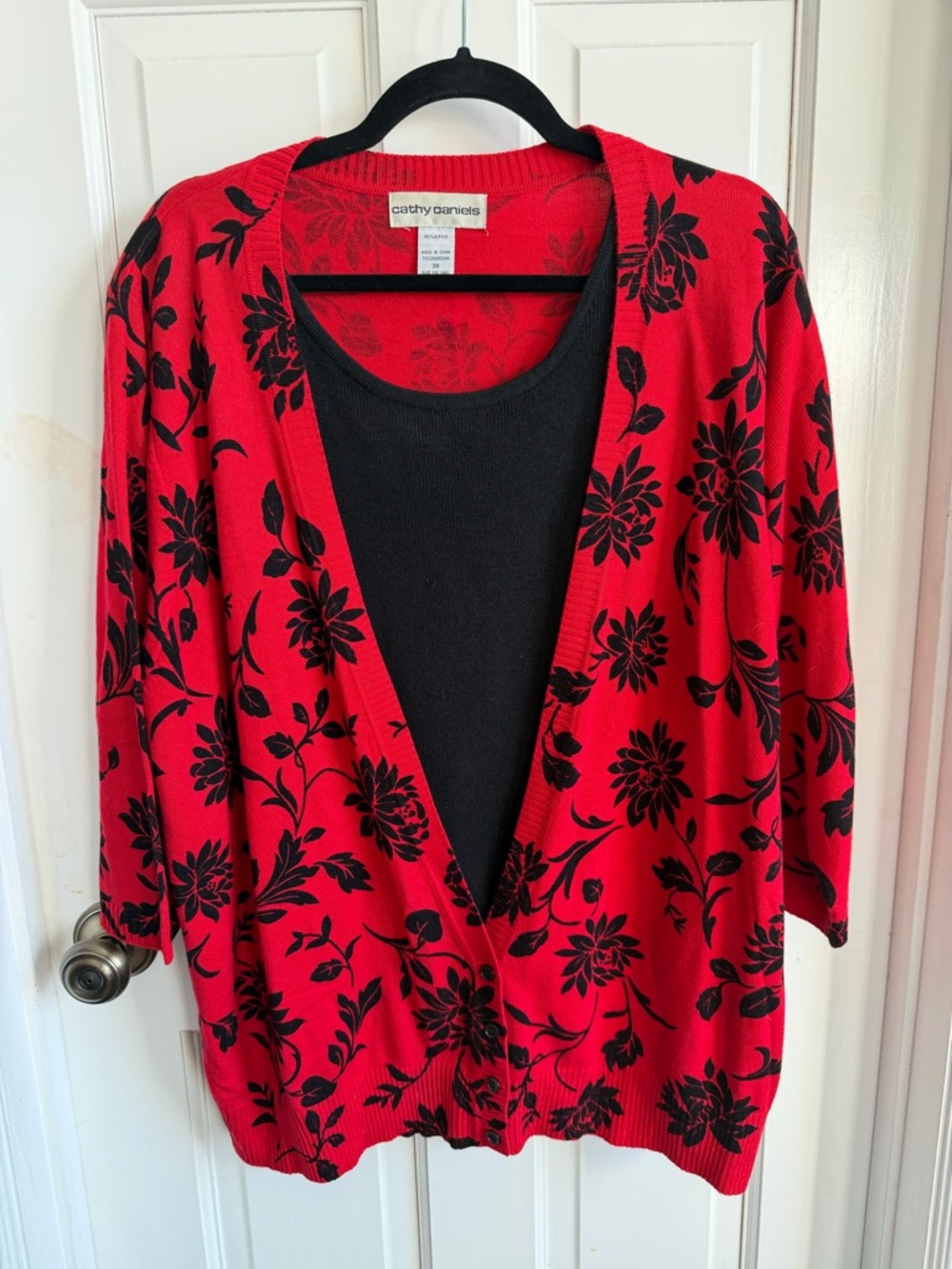 Cathy Daniels Red Cardigan with Black Floral Print Open Front